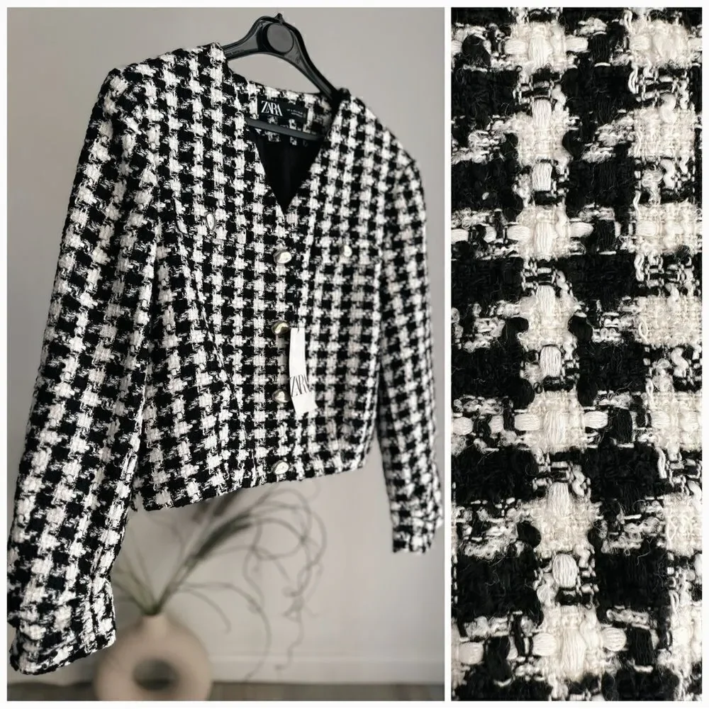 Zara Checkered Cropped Bomber Blazer New